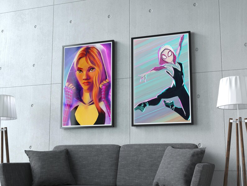 May include: Two framed illustrations of Spider-Gwen, one with her in a hooded pose and the other with her in a dynamic pose with a pink and blue background.