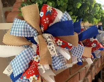 Red White and Blue Garland | Patriotic Rag Tie | Fourth of July Banner | 4th of July Mantel Decoration | Farmhouse Swag | Mantle Garland