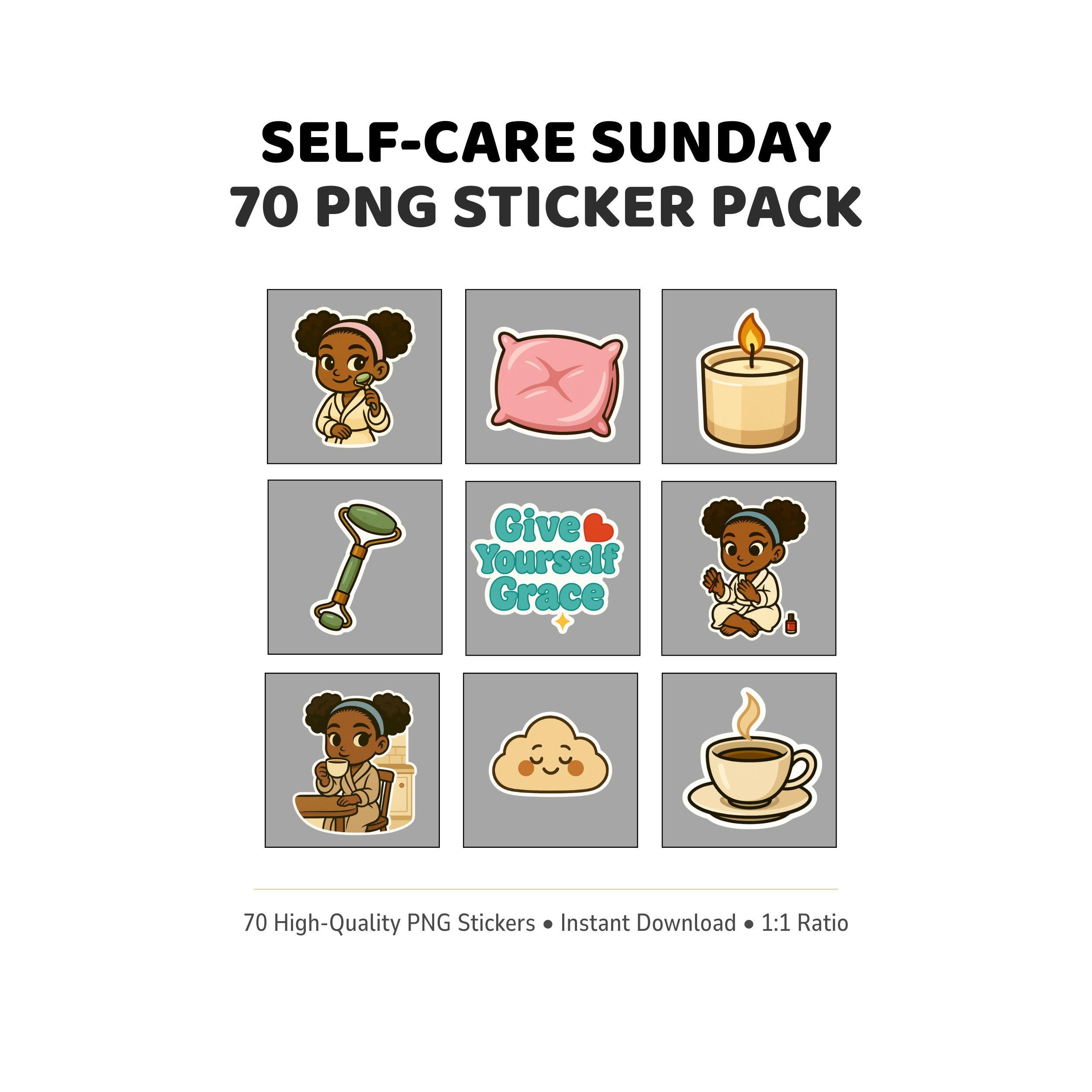70 Self Care Stickers PNG | Digital Planner Stickers | Black Girl Cozy ...