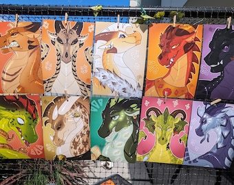 May include: A collection of ten colorful dragon illustrations, each with a unique design and personality. The dragons are depicted in various poses and expressions, with vibrant colors and intricate details.