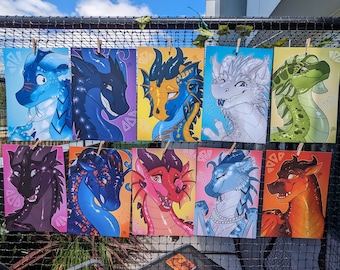 May include: Ten colorful illustrations of dragons, each with a different color scheme and expression. The dragons are depicted in a cartoon style with large eyes and expressive features. The illustrations are printed on cardstock and are perfect for framing or displaying on a wall.