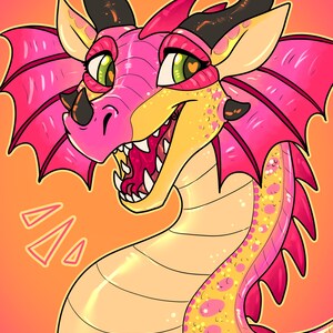 May include: A pink and yellow dragon with a big smile and hearts in its eyes. The dragon has a pink and yellow striped neck and a pink and yellow spotted body. The background is a light orange color.