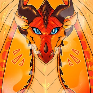 May include: A close-up of a red and orange dragon with blue eyes. The dragon is surrounded by a hazy orange background.