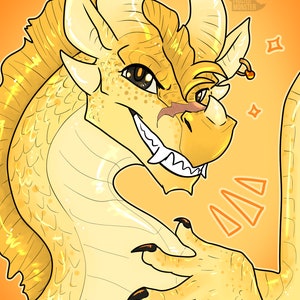May include: A digital illustration of a yellow dragon with a mischievous grin. The dragon has a light yellow body with darker yellow scales and a light orange background. The dragon's eyes are black with a white highlight. The dragon's claws are black.