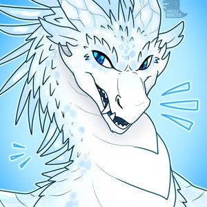 May include: A white dragon with blue eyes and a sharp, toothy grin. The dragon has a spiky, icy-looking mane and scales. The background is a light blue.