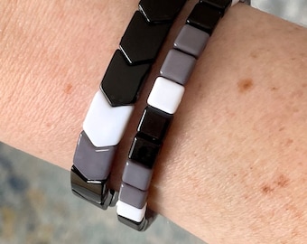 Black, white and grey, acrylic, tila bracelet set!