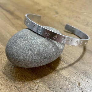 Heart. Tent. Tree. Aluminum stamped bracelet