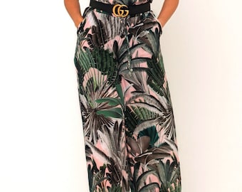 Pantalón palazzo de crepé de seda con estampado de palmeras ruborizadas Aretha