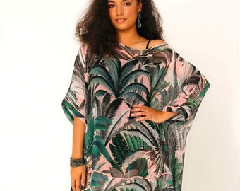 Etta Silk Georgette Tunic in Blushing Palms Print