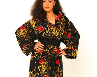 Nina Silk Crepe Robe In Midnight Garden Print