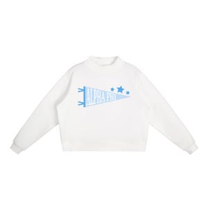 May include: White sweatshirt with a mock neck and long sleeves. The front features a light blue pennant design with the text "ALPHA PHI" and three blue stars. A casual, comfortable top.