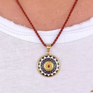18k Gold Greek Key Enamel Pendant: Ancient Style Jewelry