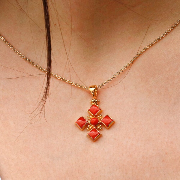 Dimos 18k Yellow Gold Cross with Coral. Greek Orthodox Jewelry. Baptism Cross