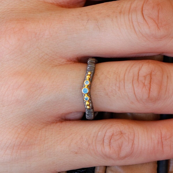 Silver Curvy Blackened Band Ring with Blue Topaz. Handmade Textured Jewelry