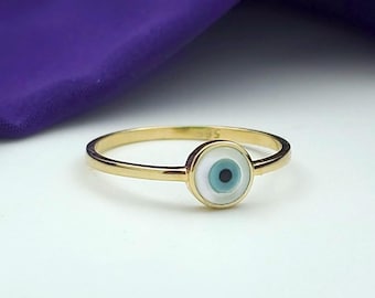14K Gold Evil Eye Ring: Mother of Pearl Spiritual Protection Jewelry
