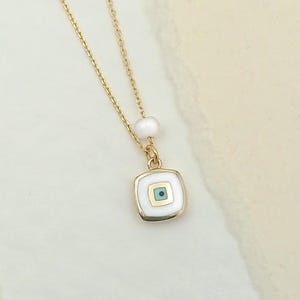 14K Gold Evil Eye Necklace: Square Enamel Charm, Cultured Pearl Accent