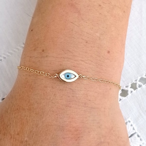 14k Gold Evil Eye Bracelet: Mother of Pearl Protection Jewelry