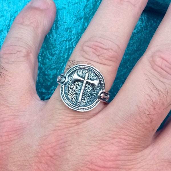 925 Silver Minoan Double Axe Ring. Ancient Crete Jewelry for Boyfriend