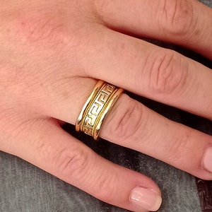 18k White & Yellow Gold Greek Key Band Ring. Greek Meander Jewelry. Statement Ring.