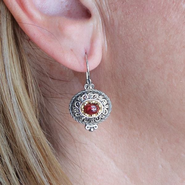 Silver Byzantine Filigree Earrings with Doublet Garnet Stone. Handmade Greek Jewelry. Gift for Her