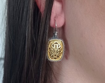 Silver Bicolor Byzantine Carved Earrings. Handmade Ethnic Jewelry. Gift for Her
