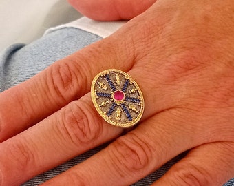 Noir Byzantine Cocktail Oval Ring. Ancient Greek Ring. Birthday Gift.