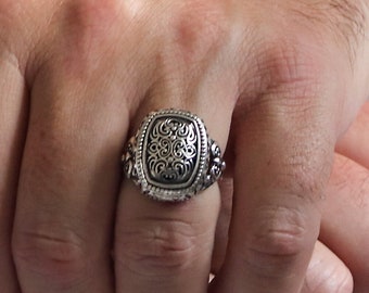 Handmade Sterling Silver Byzantine Carved Ring for Men