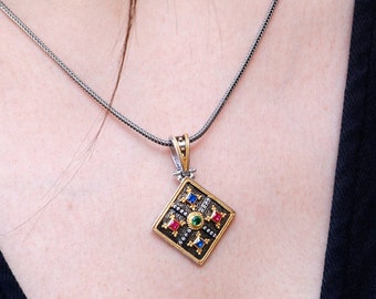 Noir Byzantine Style Multi Stones Pendant. Handmade Greek Jewelry.  Birthday Gift.
