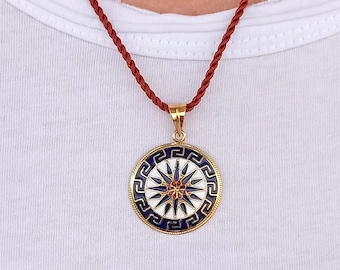 18k Gold Pendant with Vergina Sun. Ancient Greek Jewelry. Birthday Gift