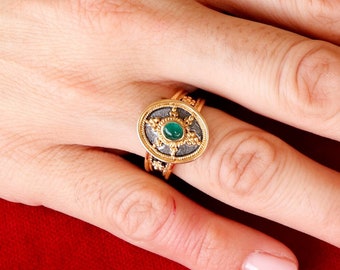Silver Byzantine Ring with Natural Emerald, Filigree & Granulation.