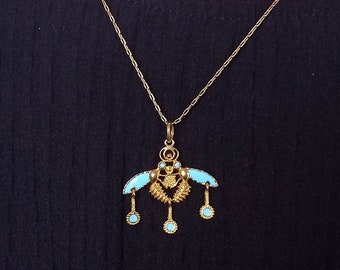 18k Gold Minoan Bees Pendant: Turquoise Enamel Cretan Jewelry