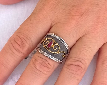 Handmade 18k Gold & Silver Byzantine Ruby Ring