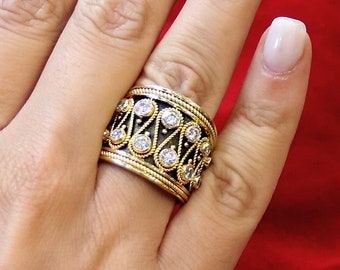 Dimos 18k Gold Noir Band Ring with Brilliant Diamonds. Byzantine Inspired Jewelry.