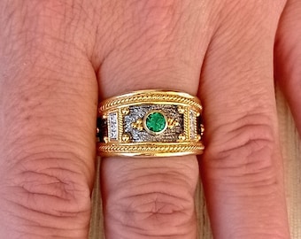 Byzantine Ring: Handmade Sterling Silver, Green Zircon, Gold Plated