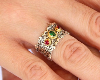 Silver Byzantine Cocktail Ring. Handmade Statement Ring for Her.