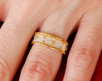 Silver Bicolor Byzantine Design Band Ring with Granulation