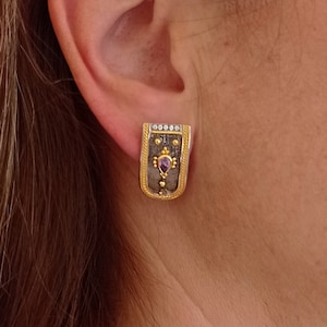 Byzantine Silver Earrings: Gold Plated, Zircon Accent, Medieval Style