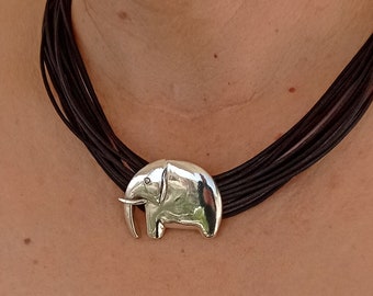 Silver Elephant Pendant in Cord Strings Neckalce. Animal Charm Jewelry. Gift for Her.