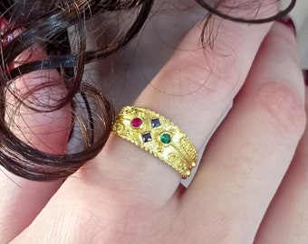 Silver Byzantine Ring with Multi Colors Cz. Roman Style Jewelry for Her