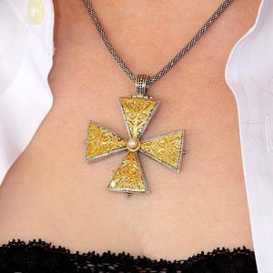 Large Byzantine Cross with Pearl. Silver Handmade Religious Jewelry