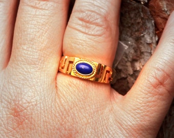 14k Gold Greek Key Ring with Lapis Lazuli. Ancient Greek Meander Jewelry. Gift for Her.