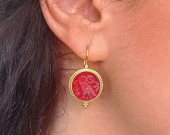 Dimos 18k Gold Carved Owl Earrings. Greek Museum Replica Jewelry. Timeless Gift.
