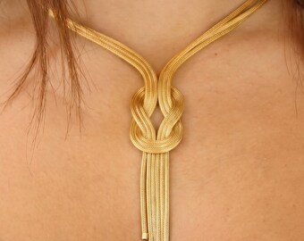 Vergulde Hercules-ketting met knoop en kwastje • Multi-streng mesh statement-sieraden • Elegant cadeau voor haar