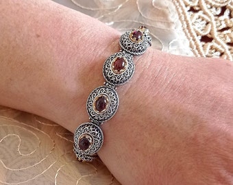 Byzantine Garnet Bracelet: Handmade Sterling Silver Filigree Jewelry