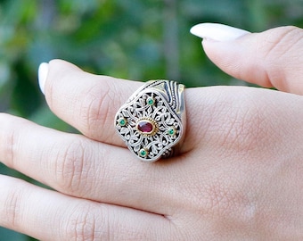 Silver Carved Ring with Zircons. Handmade Byzantine Elegance