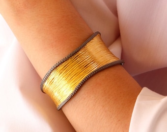 Wide Silver Bicolor Textured Cuff. Handmade Trendy Bracelet for Her