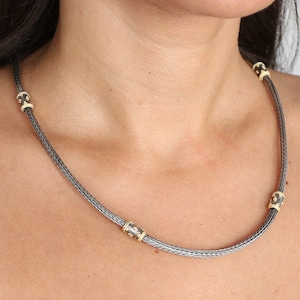 Byzantine Bicolor Knitted Necklace. Silver Ethnic Jewelry. Birthday Gift