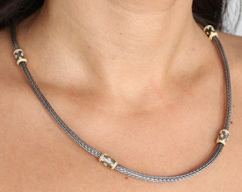 Byzantine Bicolor Knitted Necklace. Silver Ethnic Jewelry. Birthday Gift