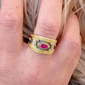 Noir Byzantine Ring: Red Zircon, 18k Gold Plated 925 Silver