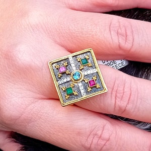 Byzantine Style Silver Square Ring with Cz
